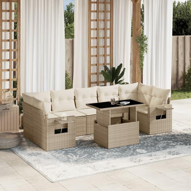 vidaXL Patio Sofa Set with Cushions Outdoor Furniture 8 Piece Poly Rattan - 24.4 x 24.4 x 27.2 - Beige and Cream-without storage