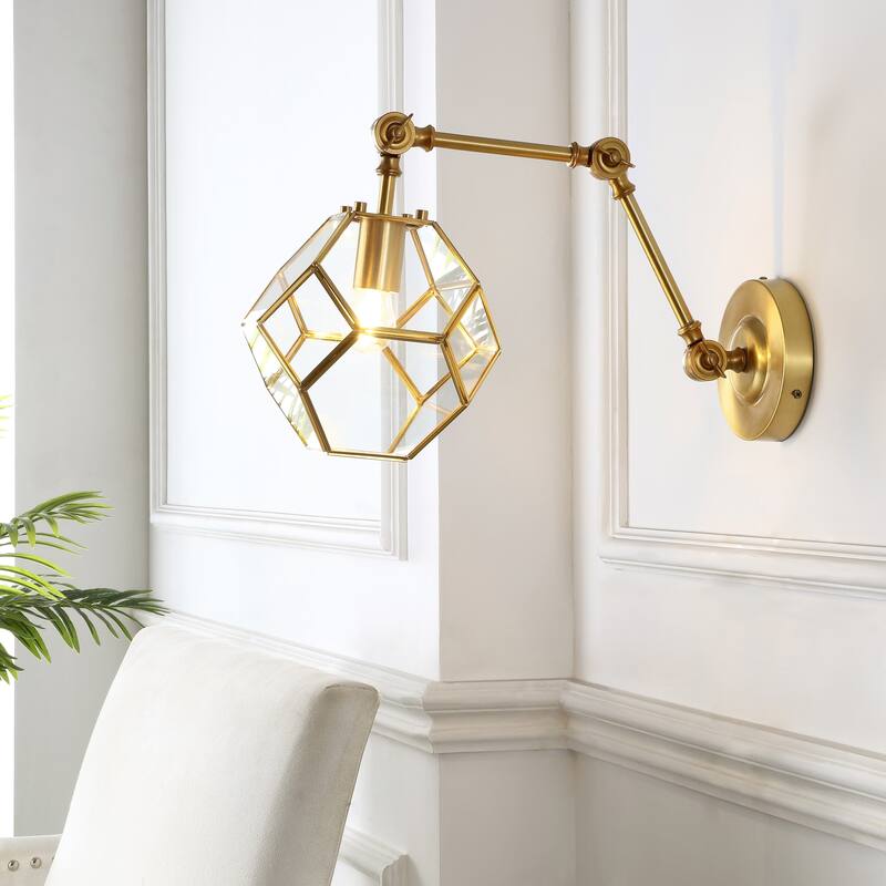 Abril 7.5" 1-Light Modern Contemporary Arm-Adjustable Iron/Glass LED Sconce, Brass Gold/Clear by JONATHAN Y