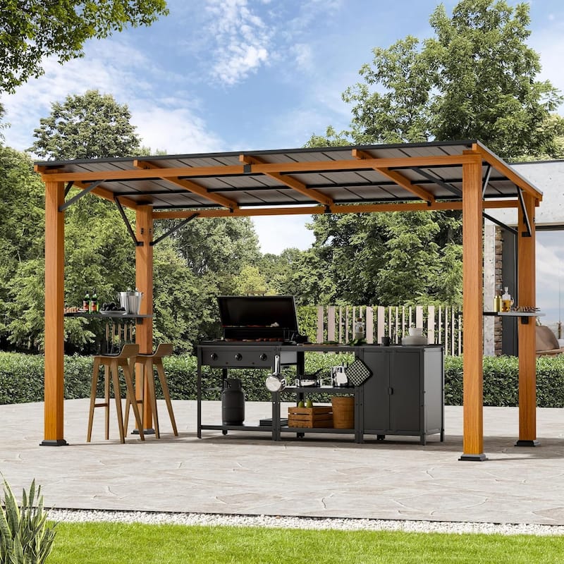 Hardtop Grill Gazebo 6'x12'with Side Shelf, Outdoor Gazebo with Bottle Opener, Wood-Looking