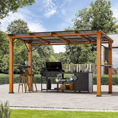 Hardtop Grill Gazebo 6'x12'with Side Shelf, Outdoor Gazebo with Bottle Opener, Wood-Looking