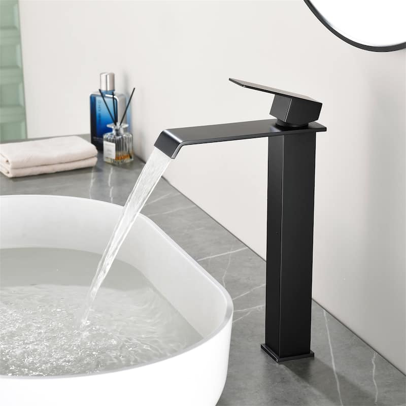 Waterfall Single Handle Bathroom Vessel Sink Faucet with Pop-up Drain 304 Stainless Steel 1 Hole High Tall Basin Vanity Faucets