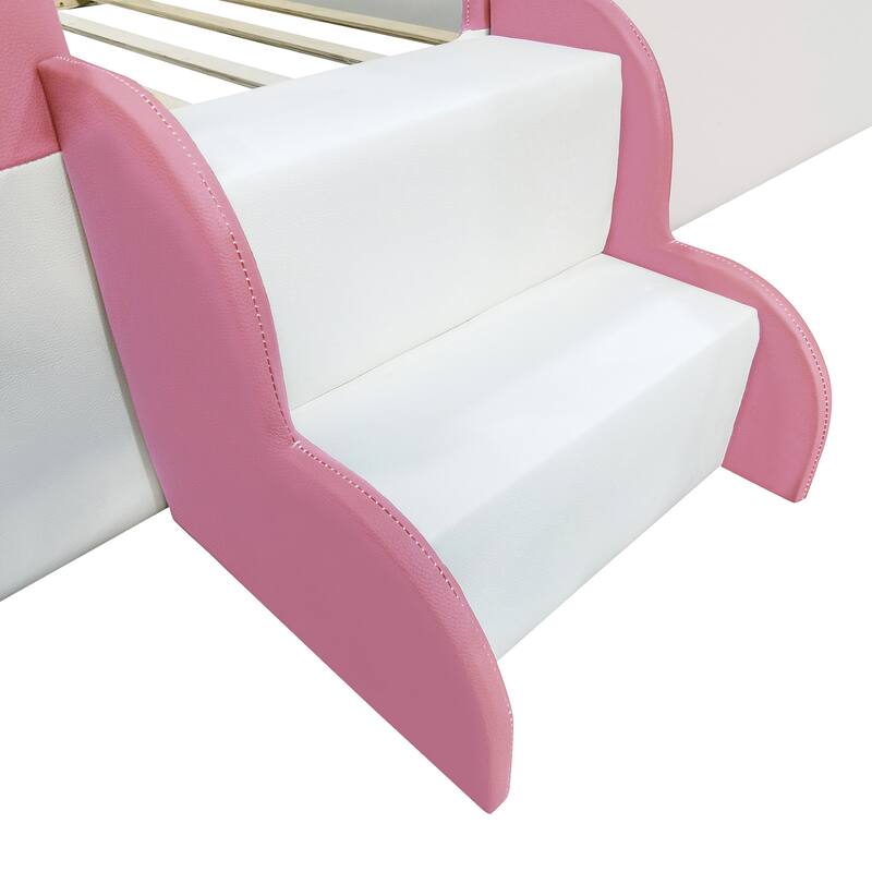 King Size Upholstered Daybed Frame with Fence and Stairs,(Pink+White)