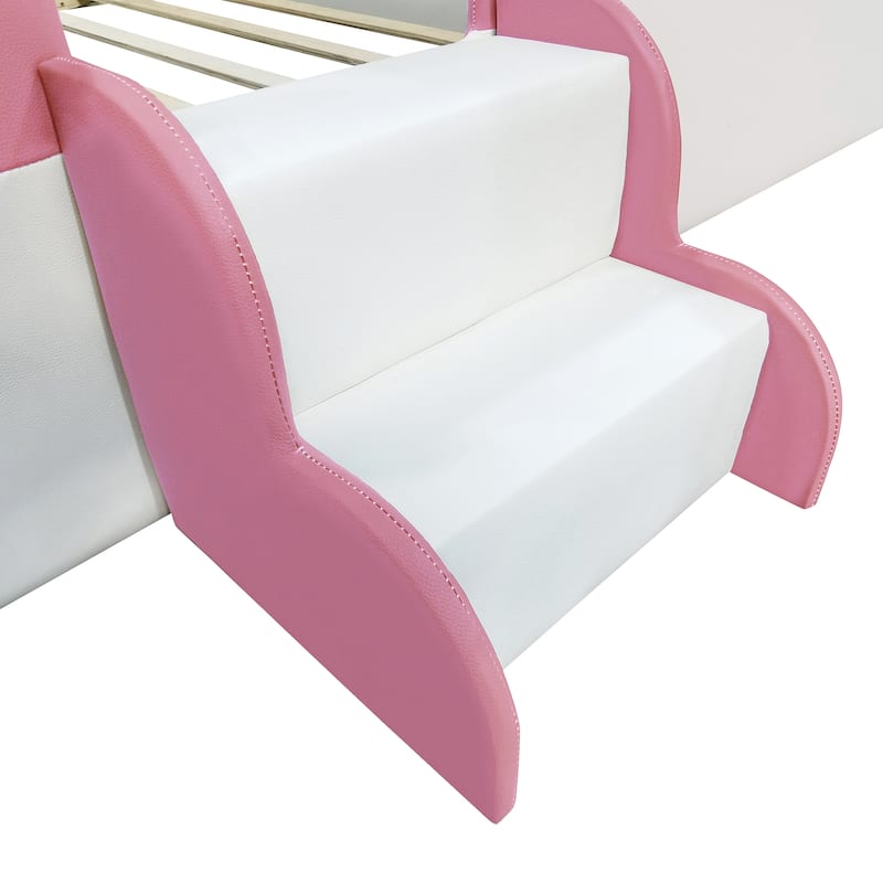 King Size Upholstered Daybed Frame with Fence and Stairs