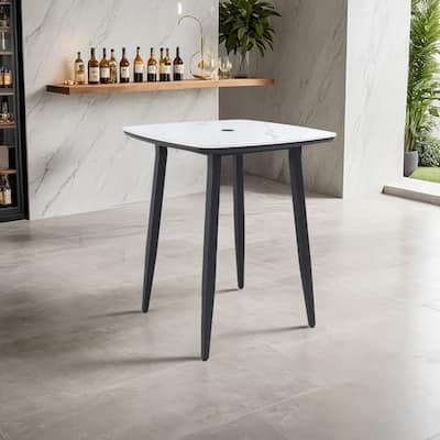 Contemporary 35.4" Square Bar Height Table – Greek White Sintered Stone Top, Rust-Proof Aluminum Frame & Umbrella Hole .
