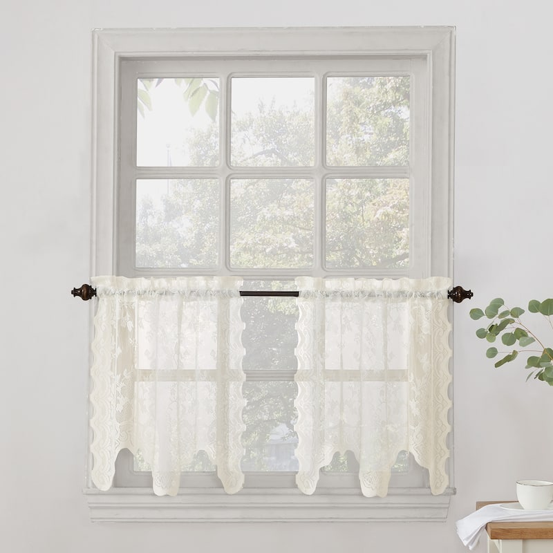 No. 918 Alison Floral Lace Sheer Rod Pocket Kitchen Curtain Swag/Tier Pair - 58x24 - Ivory