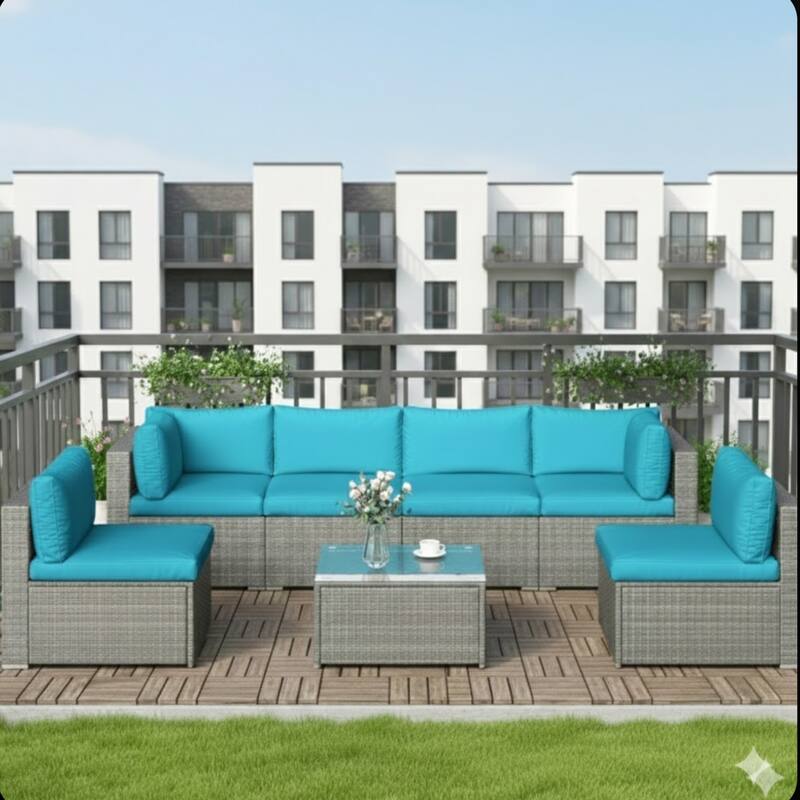 7-Piece Wicker Patio Set with Light Blue Cushions and Glass Coffee Table