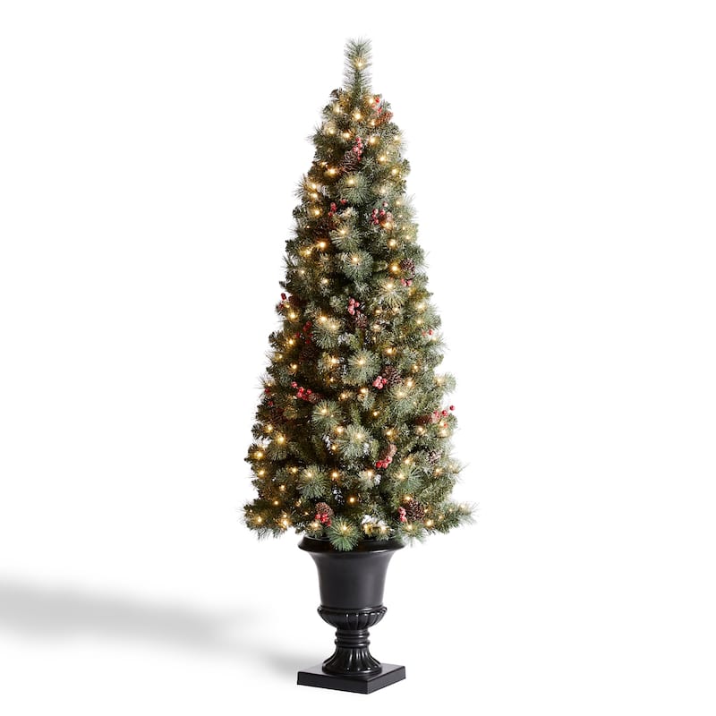 Glitzhome 4ft/5ft/6ft Flocked Pine Christmas Potted Porch Tree With Warm White Lights