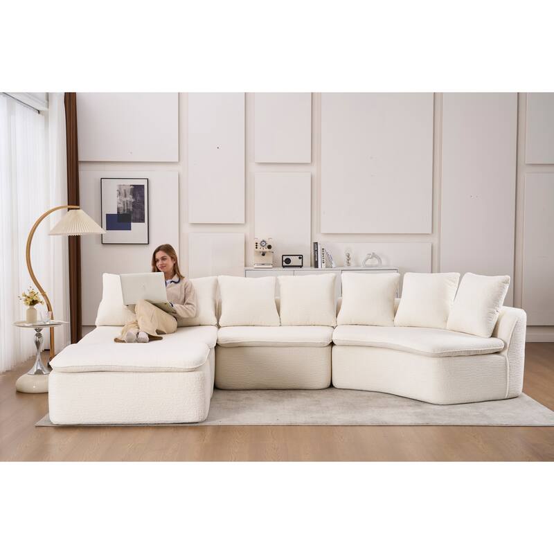 U-Shaped Modular Sectional Sofa with Ottoman, Woodgrain Chenille Deep Seat Boneless Couch, Compression Sofa with Pillows