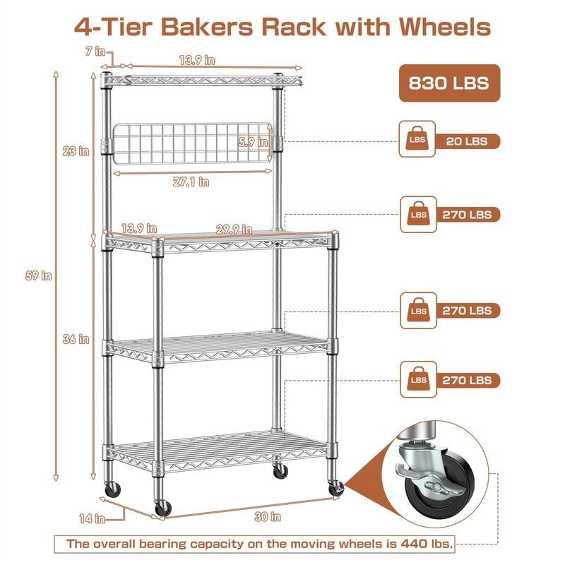 Bakers Rack for Kitchen with Storage - 14"D x 30"W x 59"H