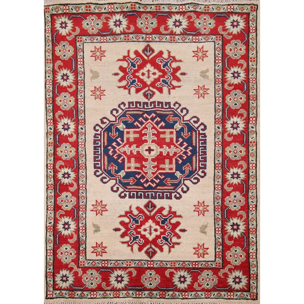 Ivory Geometric Kazak Accent Rug Hand-Knotted Wool Carpet - 2'10" x 3'10"