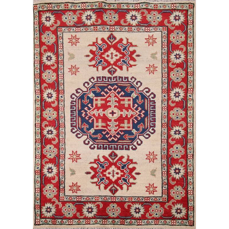 Ivory Geometric Kazak Accent Rug Hand-Knotted Wool Carpet - 2'10" x 3'10"