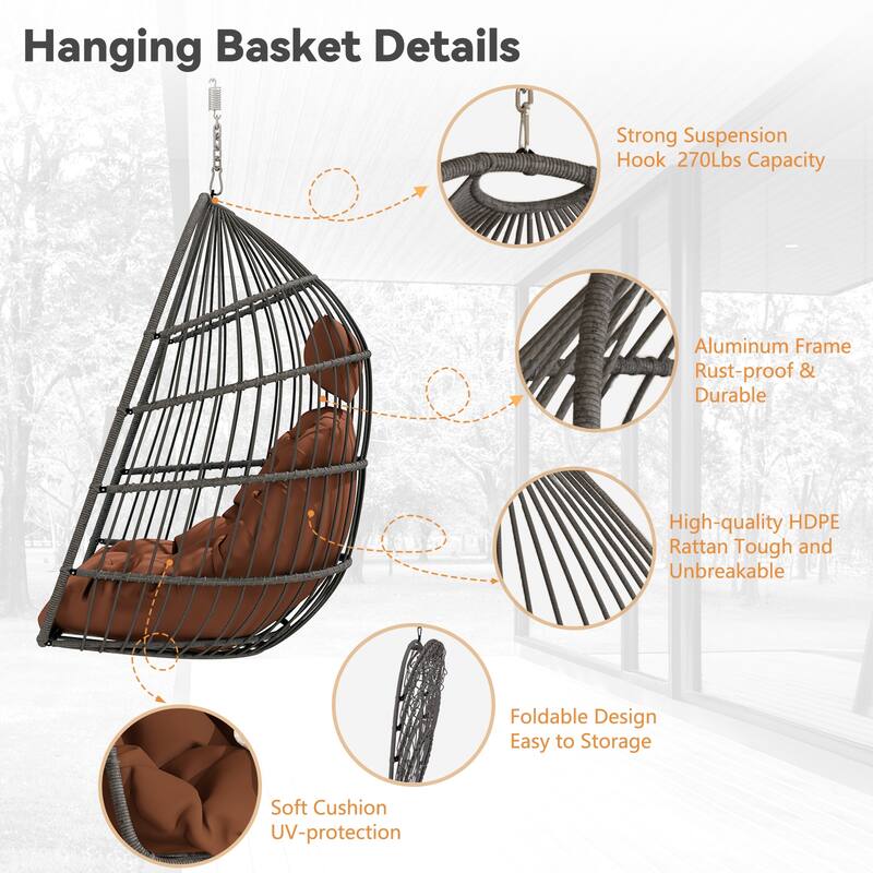Hanging Chair PE Hanging Chair with Stainless Steel Suspension kit, Outdoor Garden Rattan Egg Swing Chair with Cushion