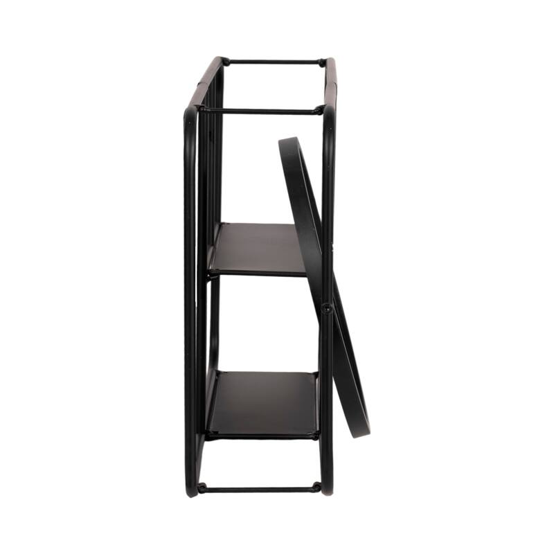 29"Lx5"Wx14"H Oval Wall Shelf with Mirror, Black Iron and Wood Finish, Wall Storage for Bathroom, Vanity, and Decorative