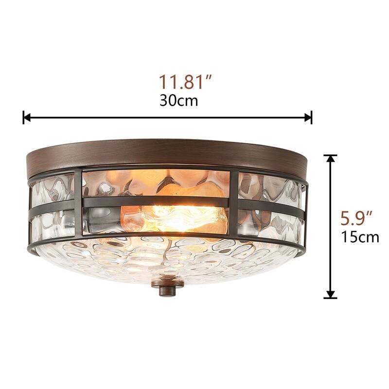 Vintage Black and Brown 2-Light Drum Flush Mount with Stone Ripple Glass