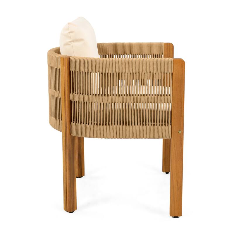 Roomfitters 5-Piece Outdoor Dining Set, Acacia Wood Patio Table and 4 Rope Woven Armchairs with Cushions