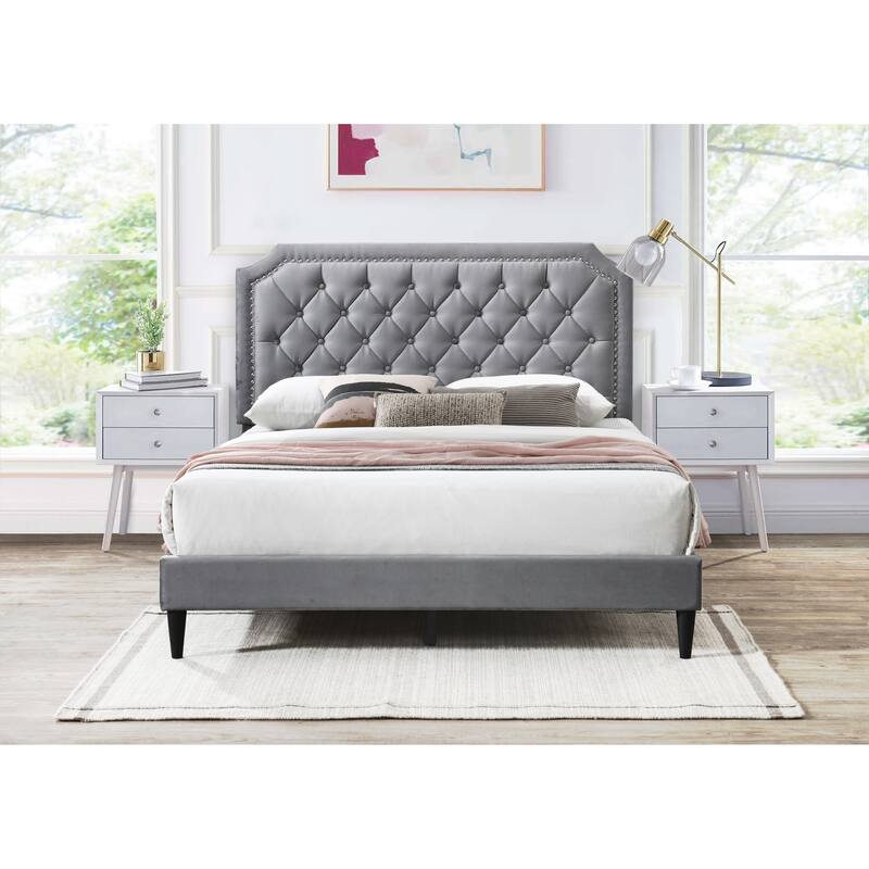 Ava Clipped-Edge Nailhead-Trim Button Tufted Upholstered Platform Bed - CharcoalVelvet - Queen