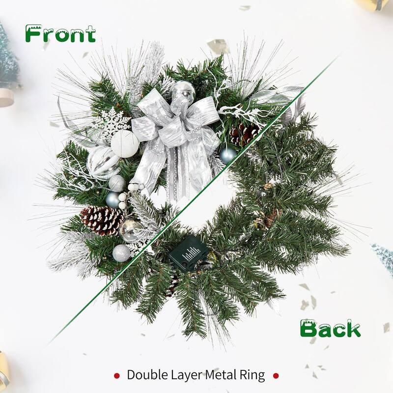 24 Inch Silver White Christmas Wreath for Fireplace Window - N/A
