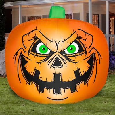 Gemmy Halloween Inflatable Flat Styled Jack O' Lantern w/ Creepy Face, 7.5 ft Tall