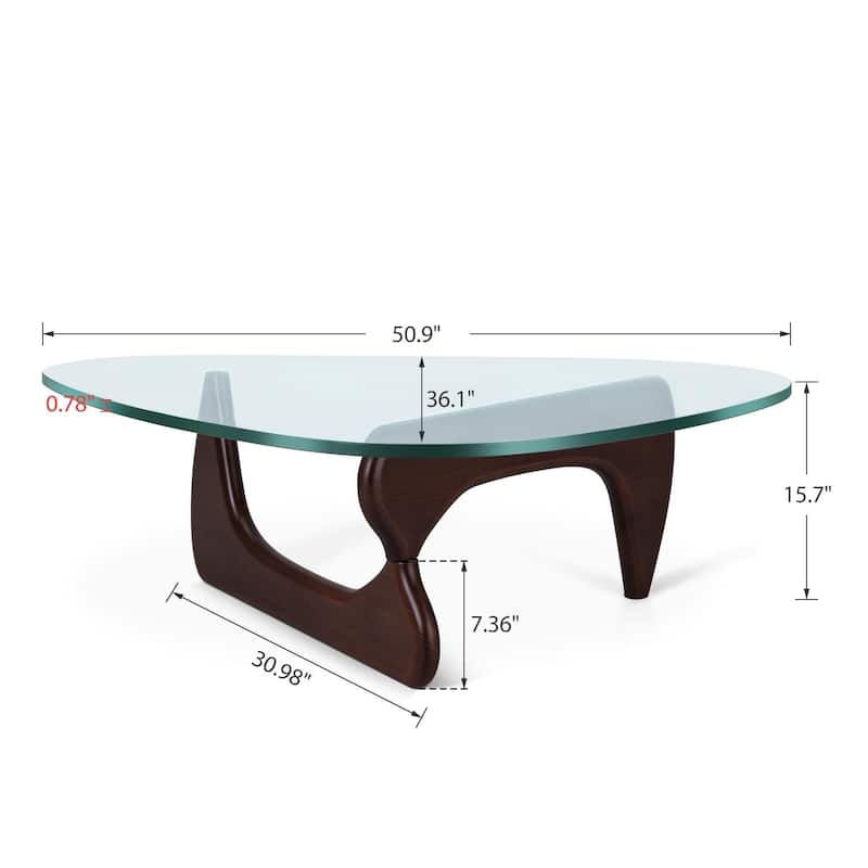 0.78 " Modern Triangle Glass Noguchi Coffee Table Cherry Wood Base