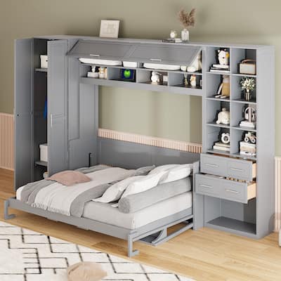 Multifunctional Foldable Murphy Bed Queen Size Wall Bed with Built-in Top Cabinet, Side Wardrobe, Storage Shelves and 2 Drawers