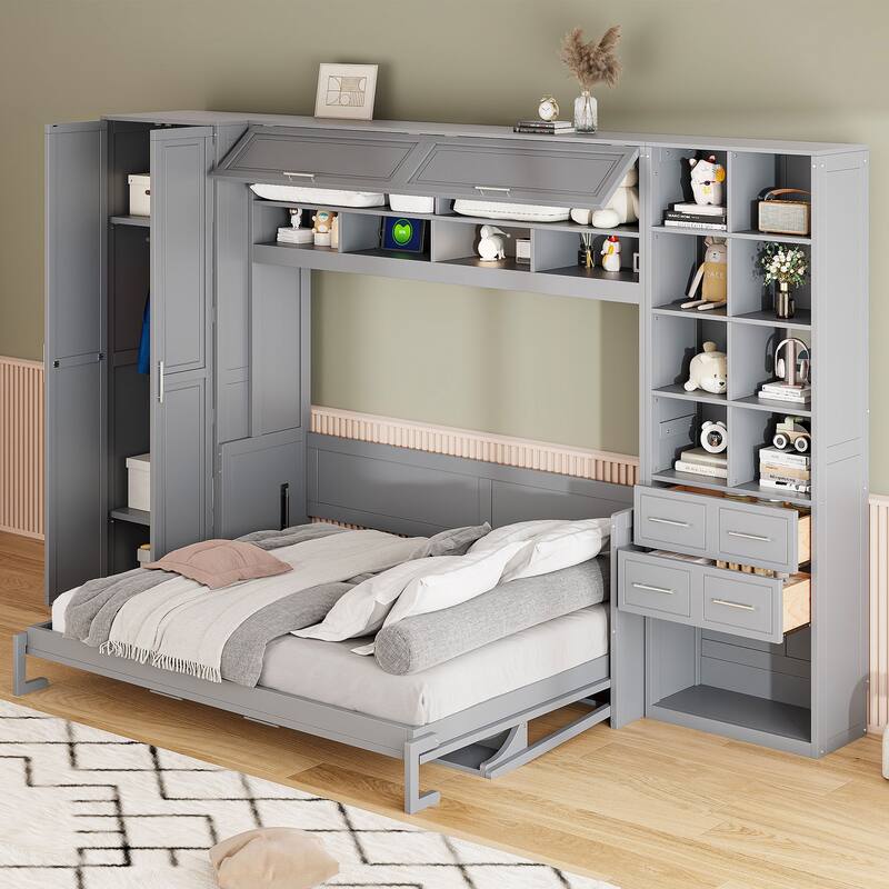 Queen Size Murphy Bed with Side Wardrobe & Flip Design, Foldable Wooden Wall Bed with Storage Drawers & Shelf for Home Office - Grey - Queen