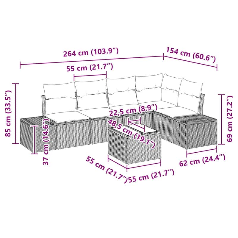 vidaXL 6 Piece Garden Sofa Set with Cushions - 103.9×60.6×27.2