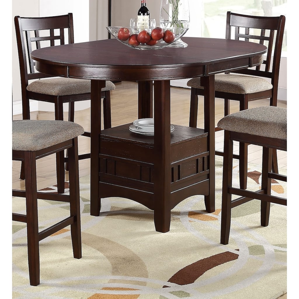 Dining Table Round Counter height Dining Table w Shelve 1pc Table Only Solid wood Dark Rosy Brown FInish