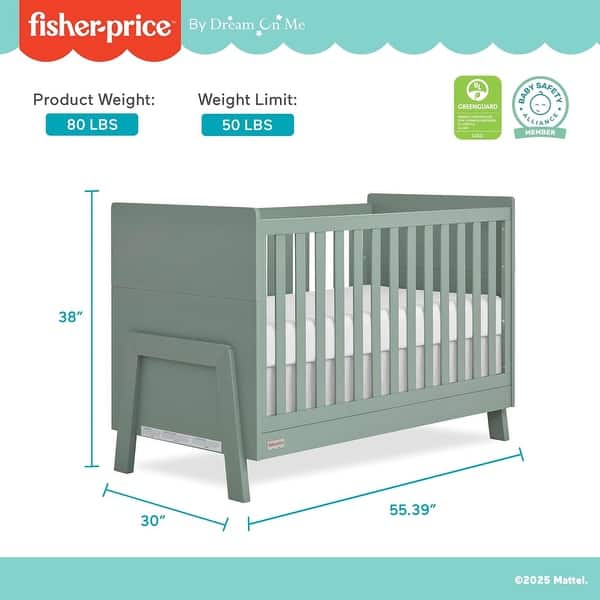 dimension image slide 1 of 2, Dream On Me Fisher Price Iris 5-in-1 Convertible Crib