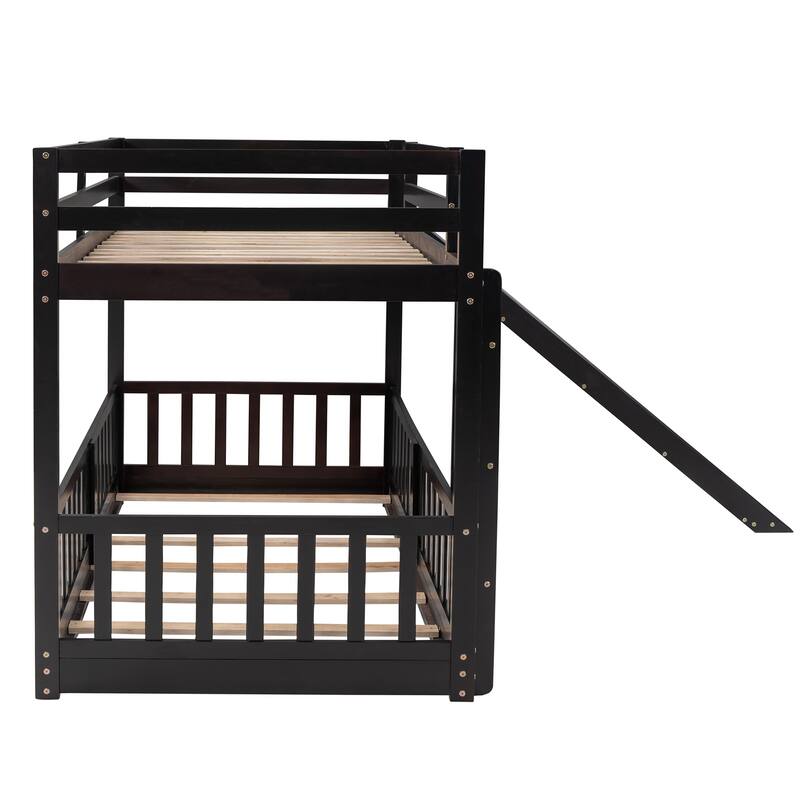 Twin Over Twin Bunk Bed with Slide and Convertible Ladder, Space-Saving Design