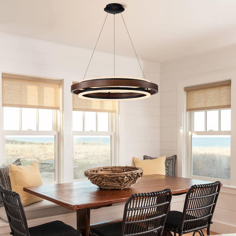 Modern 24" Walnut LED Wood Chandelier Ring Chandelier for Living Room Foyer