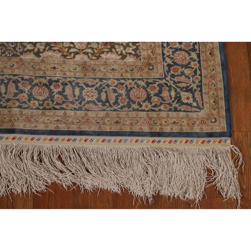 Hand Knotted Oriental Silk & Silver Carpet Traditional Floral Green Qum Area Rug - 5' 6'' X 3' 7''