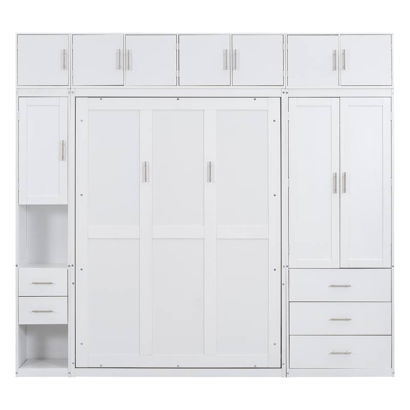 Murphy Bed Cabinet with Wardrobe & Drawers, Full Solid Wood Foldable Hidden Wall Platform Bedframe Chest with Storage Cabinets
