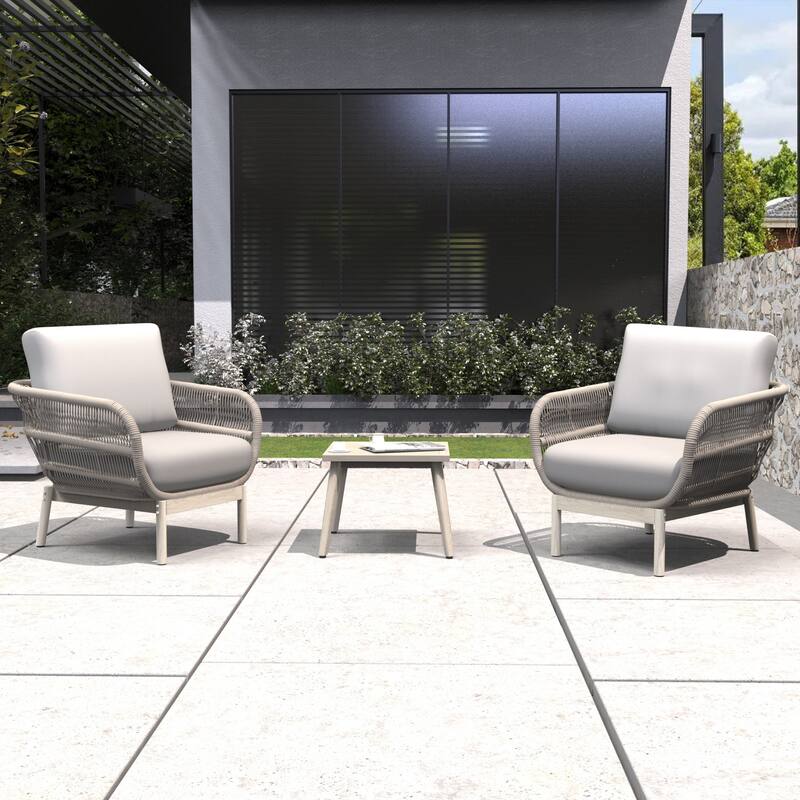3-Piece Modern Outdoor Acacia Wood Chair Set with Armrest and Side Table