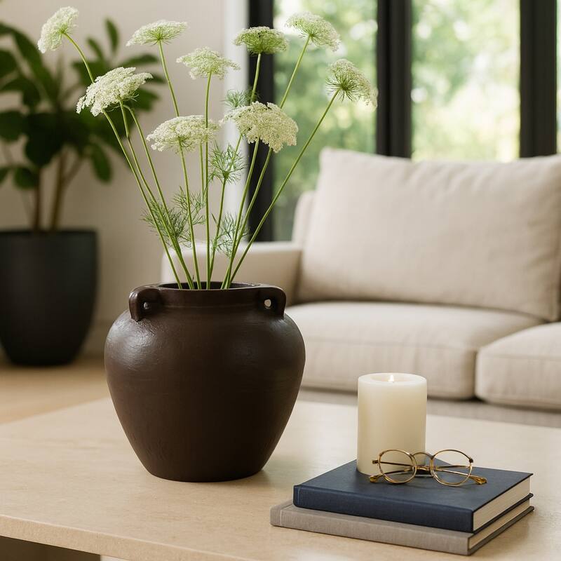 Rustic Heritage Table Vase with Textured Finish and Handles - Brown