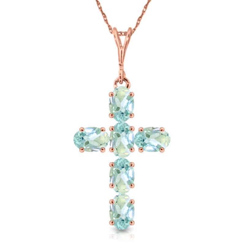 1.5 Carat 14K Solid Gold Cross Gemstone Necklace Natural Aquamarine - 24 Inch - Rose