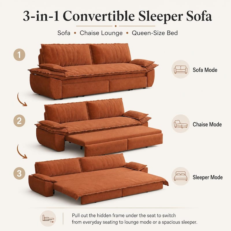Homy Casa 73.2''/94.5" Queen/King Pull Out Sofa Bed, 3-in-1 Corduroy/Velvet Sleeper Couch