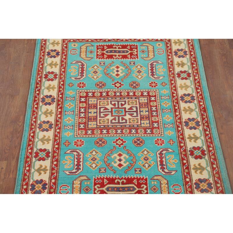 Turquoise Blue Kazak Accent Rug Handmade Wool Carpet - 3'4" x 5'1"