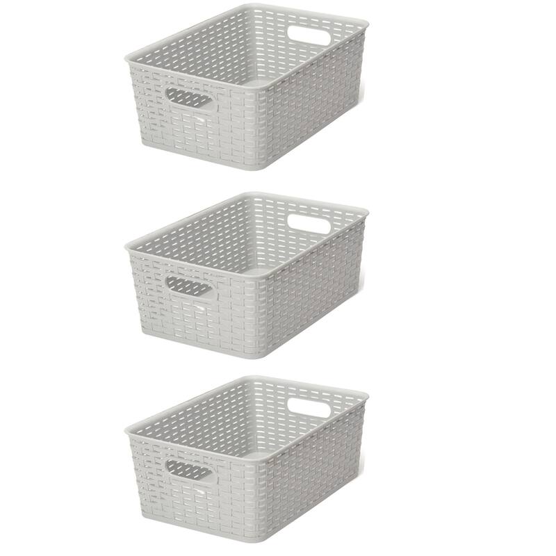 YBM Home Plastic Rattan Storage Box Basket Organizer, BA425 - Pack of 3 - Grey