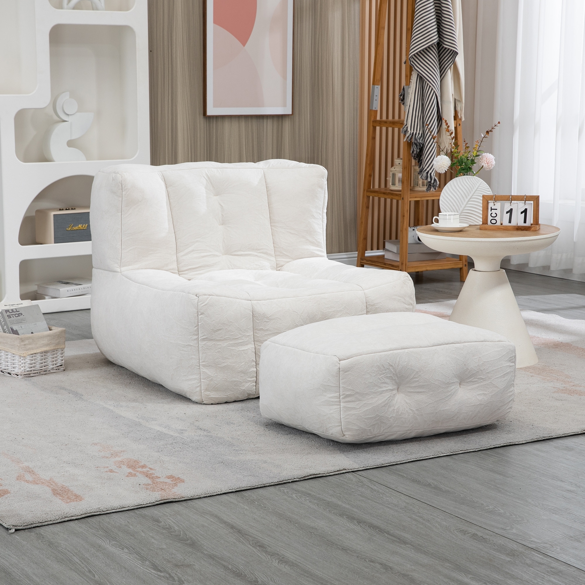 Super Soft Lazy Sofa Fluffy Bean Bag Chairs w/Square Ottoman, White