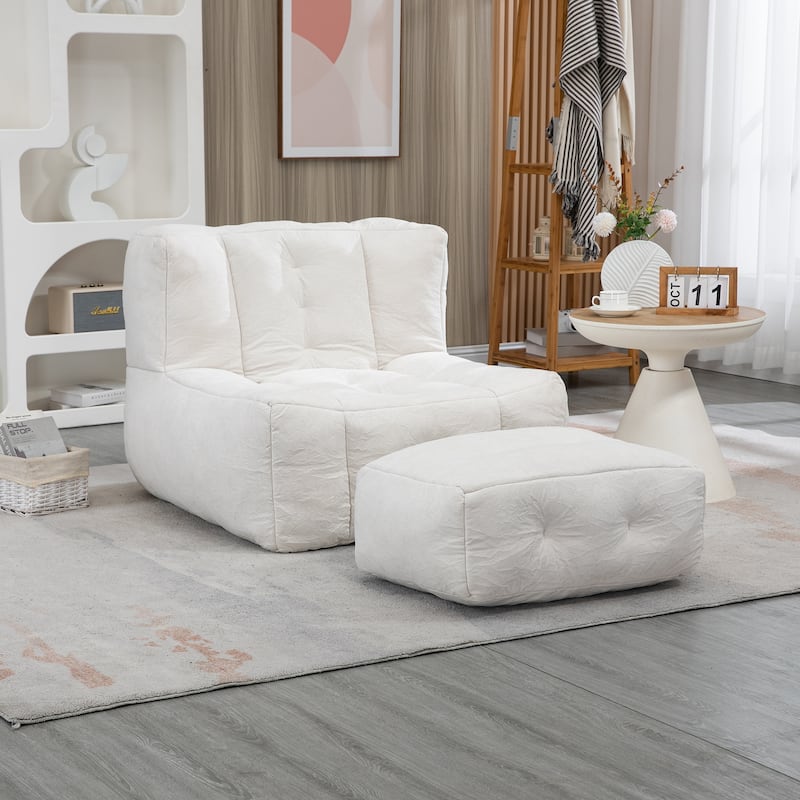 White Modern 38.5" Velvet Upholstered Accent Chair with Memory Foam and Ottoman for Living Room