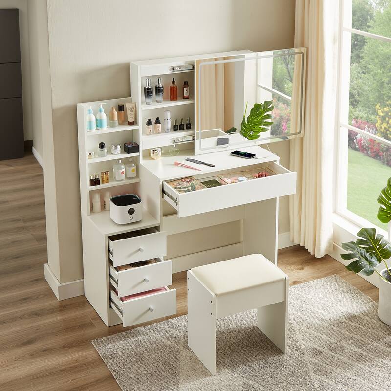 Vanity table with LED-lit mirror with power outlet and hairdryer shelving - White