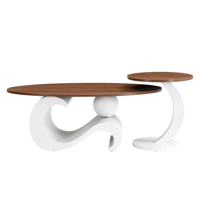 Nesting Coffee Table Set of 2, Round & Oval End Tables with faux marble Tabletop, Side Table