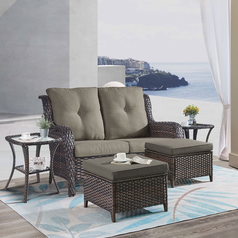 Gymojoy 5-Piece Outdoor Wicker Patio Furniture with Loveseat, Rattan Coversation Set with Water Resistant Thick Cushions - Brown Wicker / Grey Cusion - 5-Piece