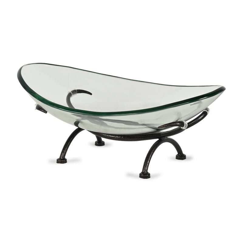 HomeRoots 17" Clear And Black Glass And Metal Oval Decorative Bowl With Stand - 17.25 in. x 7.00 in. x 11.50 in.