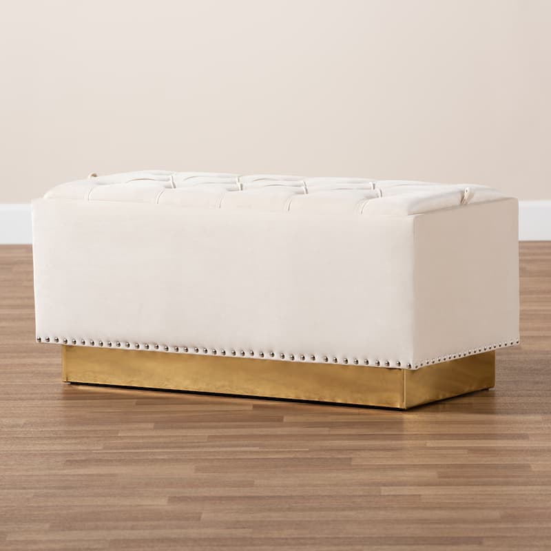Powell Glam and Luxe Velvet Fabric and Gold PU Leather Storage Ottoman