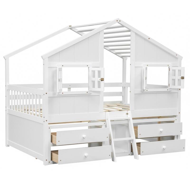 Full Size House Loft Bed with Roof, Windows,4 Storage Drawers with Guardrails