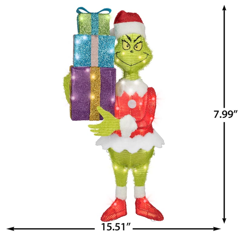 3D Holiday Lighted Tinsel Sculpture-Grinch w/Present Stack-Dr. Seuss