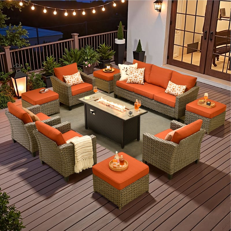 ​​OVIOS 10-Piece Outdoor Wicker Set with Fire Pit Table​