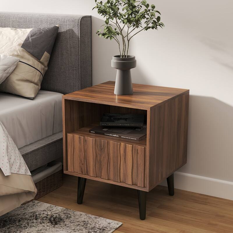 Mid-Century Modern Nightstand, Fluted End Table Drawer & Open Storage - One-Drawer/ Single