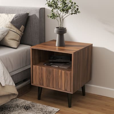 Mid-Century Modern Nightstand, Fluted End Table Drawer & Open Storage